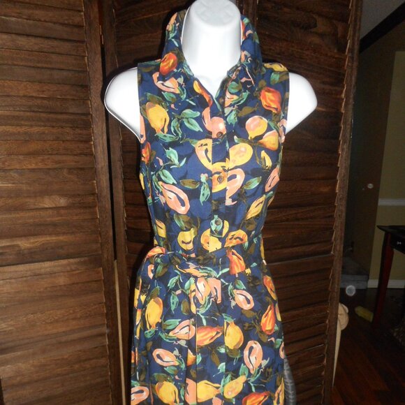 NWOT Navy & yellow lemon print linen dress, size 4 - Picture 1 of 7